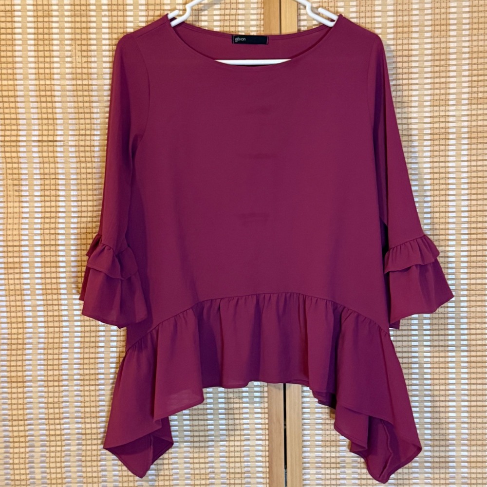 Gibson Womens Medium Burgundy Ruffle Sleeve Peplum Blouse High Low Hem Bohemian